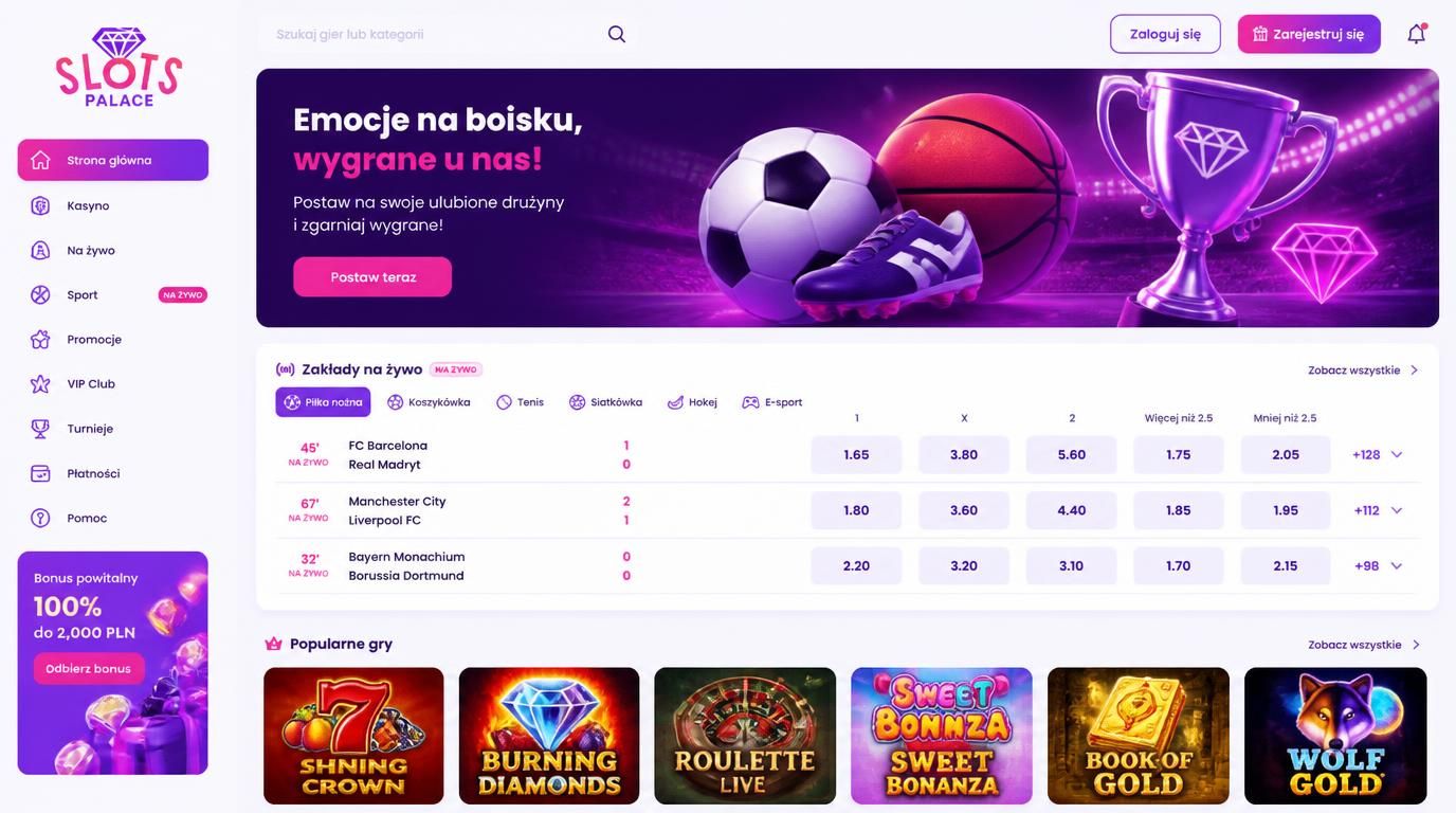 Ilustracja popularnych gier i sportów w interfejsie zakładów Slots Palace.