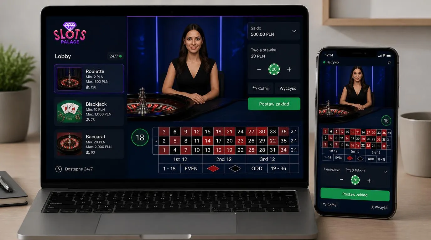 Lobby kasyna na żywo na laptopie i telefonie z widocznymi limitami stawek oraz transmisją krupiera
