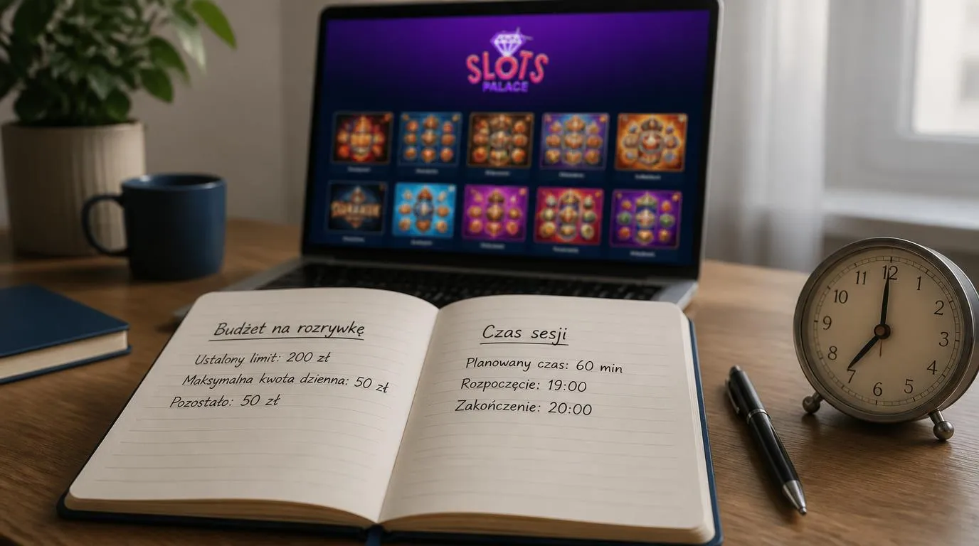 Notatnik z budżetem na rozrywkę i czasem sesji obok laptopa z katalogiem gier