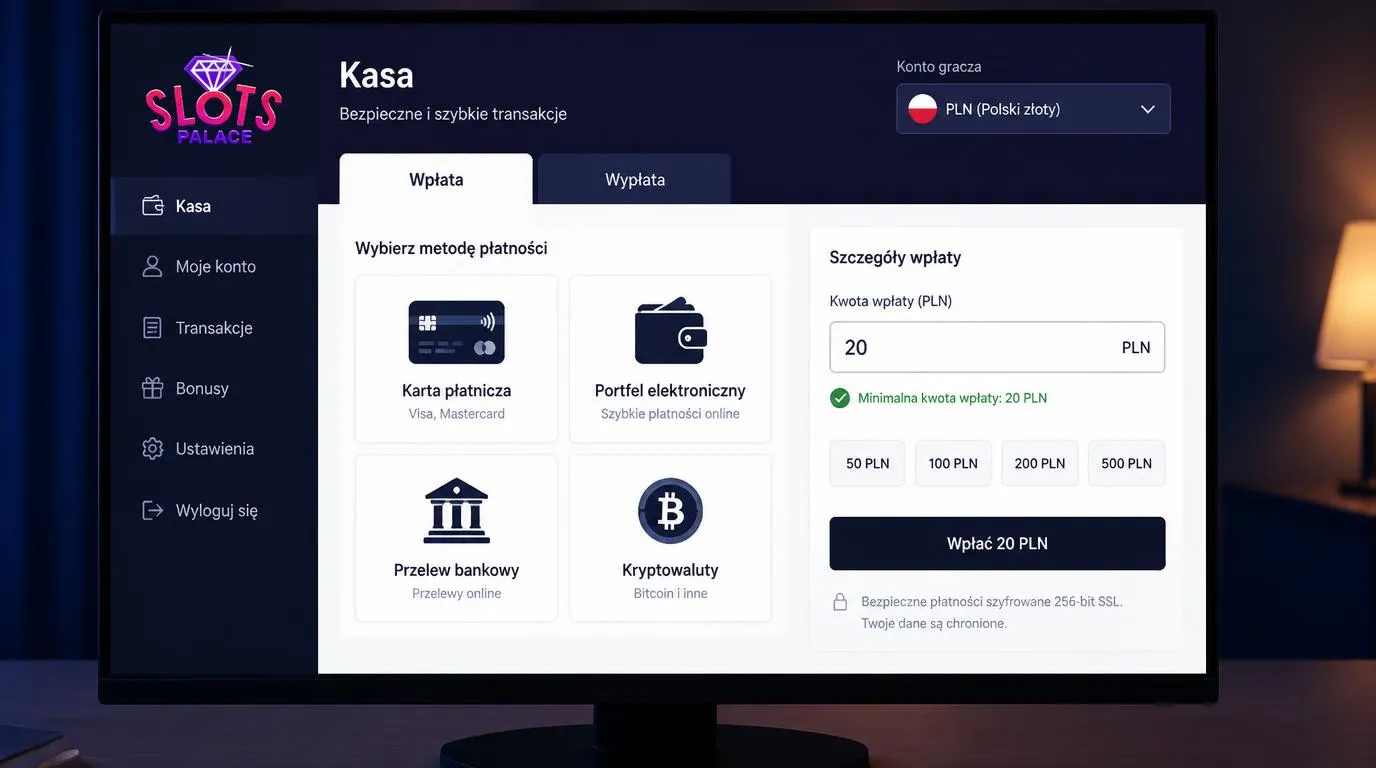 Panel kasy z saldem w PLN, wyborem karty, portfela elektronicznego i kryptowaluty oraz zakładką wypłat