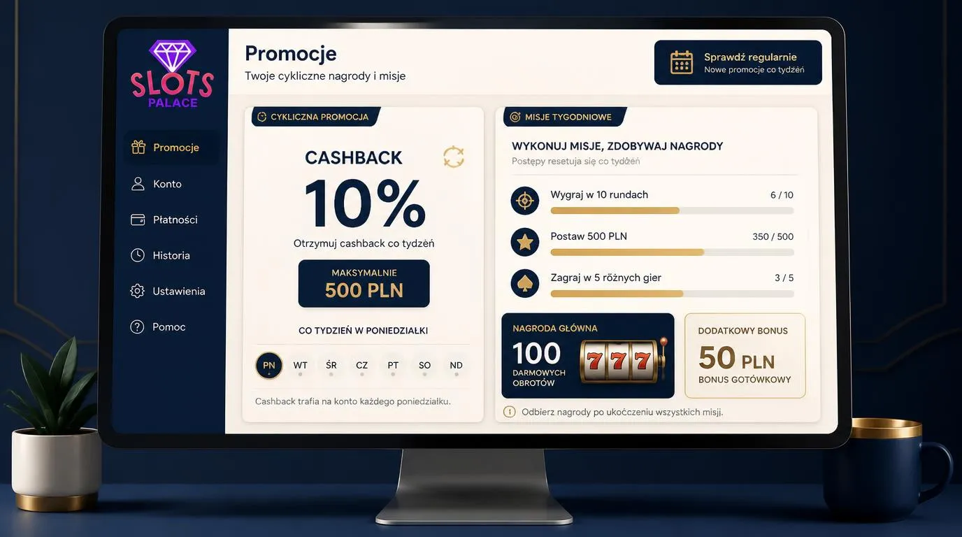 Panel promocji kasynowych z cashbackiem 10%, poniedziałkowym kalendarzem i postępem cotygodniowych misji