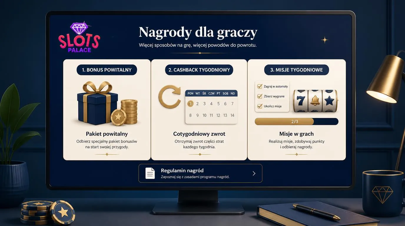Panel promocji kasynowych z kartami bonusu powitalnego, cashbacku i tygodniowych misji